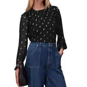 Whistles Metallic Dobby Top Long Sleeve Ruffle Trim Black Gold Womens Size 8 NWT